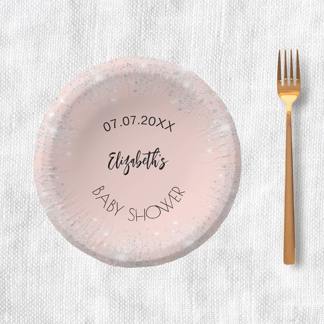 Baby Shower rose gold silver glitter girl name Paper Plate (Creator Uploaded)