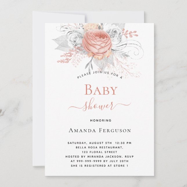 Baby Shower rose gold silver white florals elegant Invitation (Front)