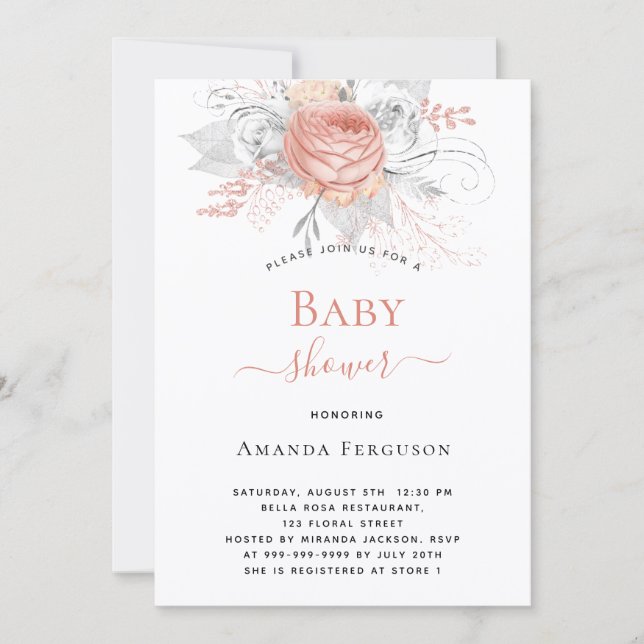 Baby Shower rose gold silver white florals elegant Invitation (Front)