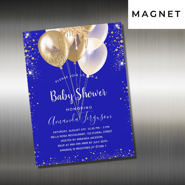 Baby shower royal blue gold balloons luxury magnetic invitation (Creator Uploaded)