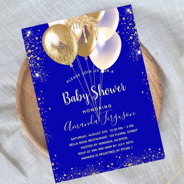 Baby shower royal blue gold balloons sparkles invitation postcard (Creator Uploaded)