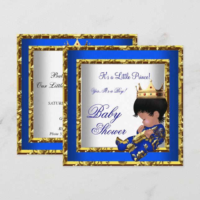 Baby Shower Royal Blue Gold Boy crown prince 2 Invitation (Front/Back)