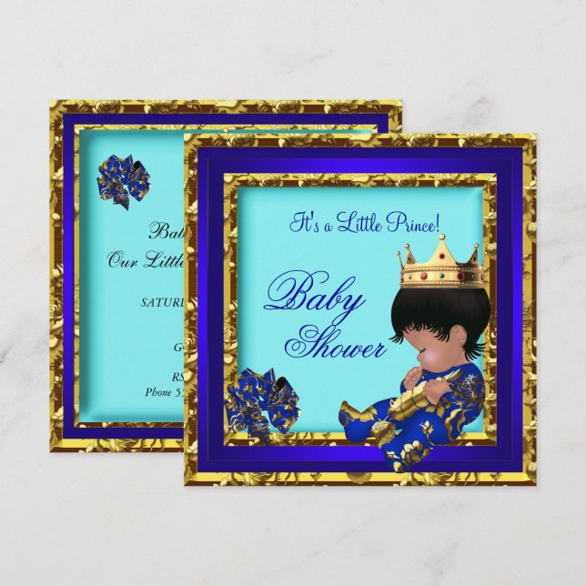 Baby Shower Royal Blue Gold Boy crown prince Invitation (Front/Back)