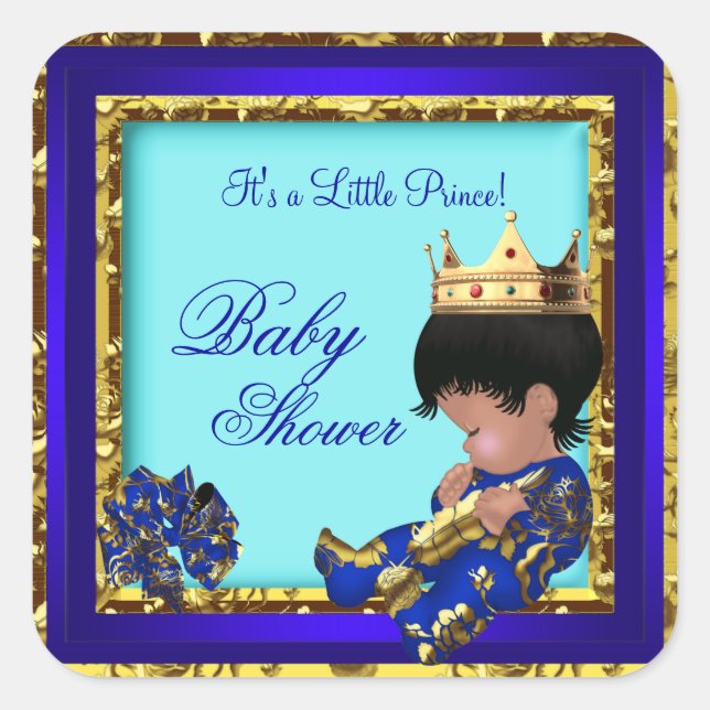 Baby Shower Royal Blue Gold Boy crown prince Square Sticker (Front)