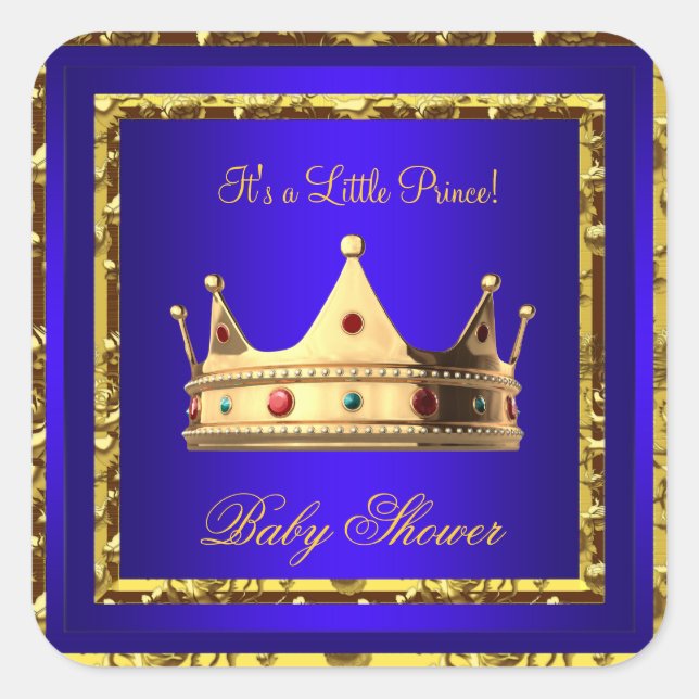 Baby Shower Royal Blue Gold Boy crown prince Square Sticker (Front)