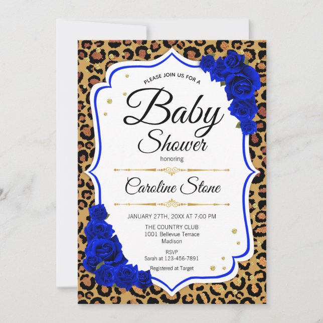 Baby Shower - Royal Blue Gold Leopard Print Invitation (Front)