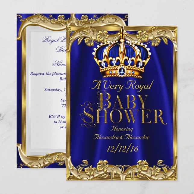 Baby Shower Royal Blue Navy Gold Crown Invitation (Front/Back)