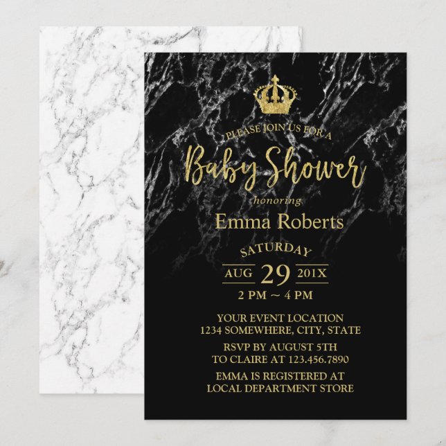 Baby Shower Royal Gold Crown Elegant Black Marble Invitation (Front/Back)