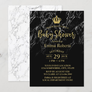Baby Shower Royal Gold Crown Elegant Black Marble Invitation