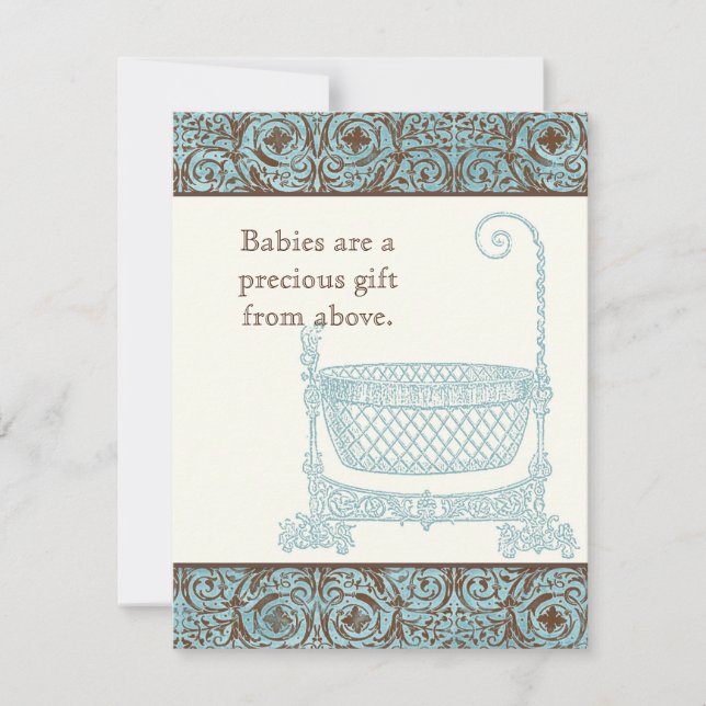 Baby Shower RSVP - Blue Brown Damask Cradle (Front)