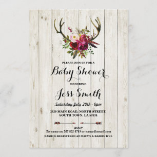 Baby Shower Rustic Antler Floral Wood Party Invite