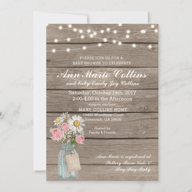 Baby Shower Rustic Babys Breath Girl String Lights Invitation (Front)