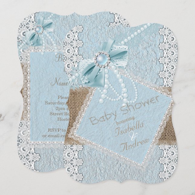 Baby Shower Rustic Blue Bow Pearl Lace Burlap Invitation (Front/Back)