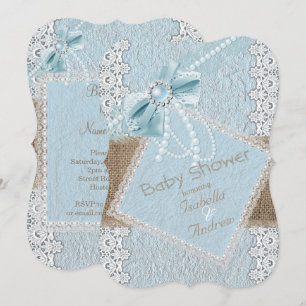 Baby Shower Rustic Blue Bow Pearl Lace Burlap Invitation