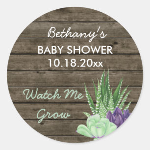 Baby Shower Rustic Succulents Watch Me Grow Classic Round Sticker