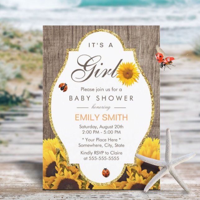 Baby Shower Rustic Sunflower Ladybug Country Girl Invitation (Creator Uploaded)
