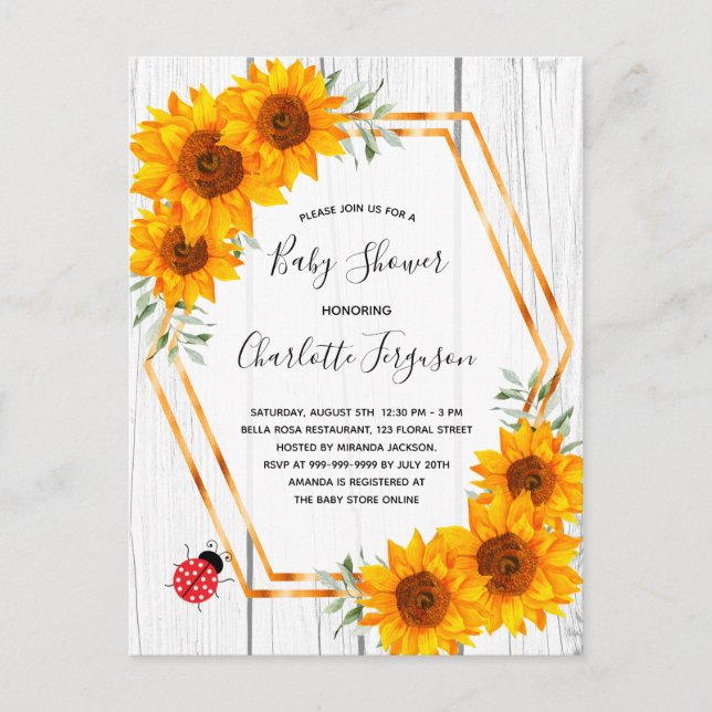 Baby Shower rustic sunflowers ladybug invitation Postcard (Front)