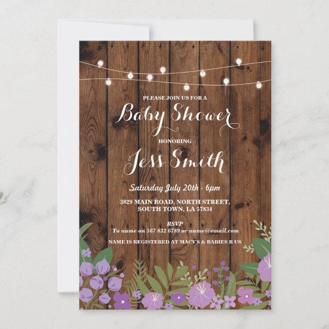 Baby Shower Rustic Wood Purple Floral Party Invite (Front)