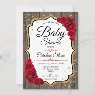Baby Shower - Rustic Wood Red Gold Invitation