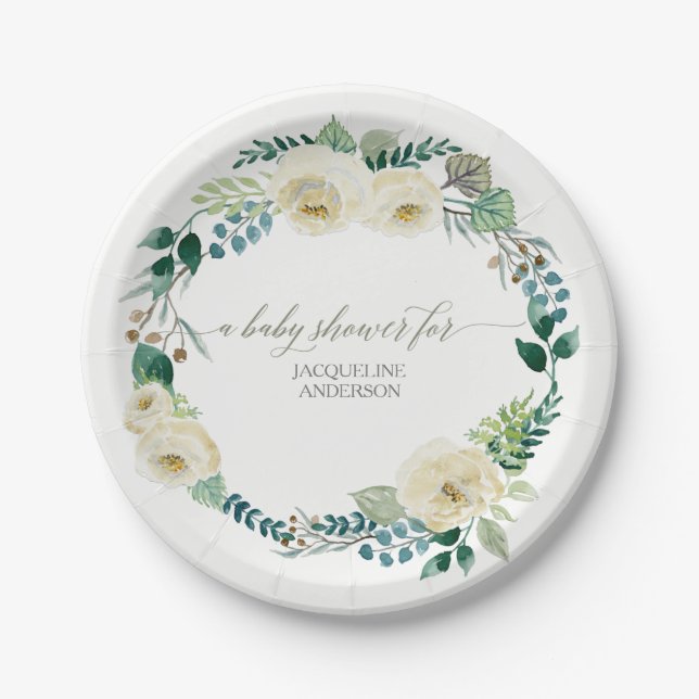 Baby Shower Rustic Wreath Alabaster Ivory Roses Paper Plate (Front)