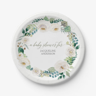 Baby Shower Rustic Wreath Alabaster White Roses Paper Plate