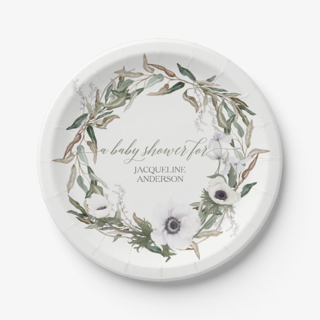 Baby Shower Rustic Wreath Anemone Olive Leaves Paper Plate (Front)
