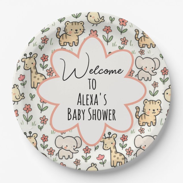 Baby Shower Safari Animal With Flowers Paper Plate (Front)