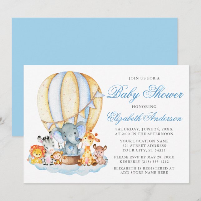 Baby Shower Safari Animals Air Balloon Clouds Invitation (Front/Back)