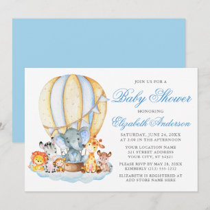 Baby Shower Safari Animals Air Balloon Clouds Invitation