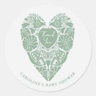 Baby shower sage green folk flower heart classic round sticker