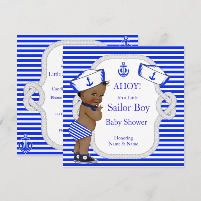 Baby Shower Sailor Boy Royal Blue Stripe Ethnic Invitation (Front/Back)