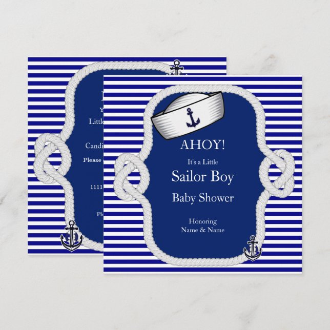 Baby Shower Sailor Hat Boy Blue Stripe Invitation (Front/Back)