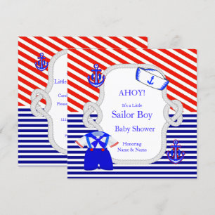 Baby Shower Sailor Suit Boy Red Royal Blue Stripe Invitation