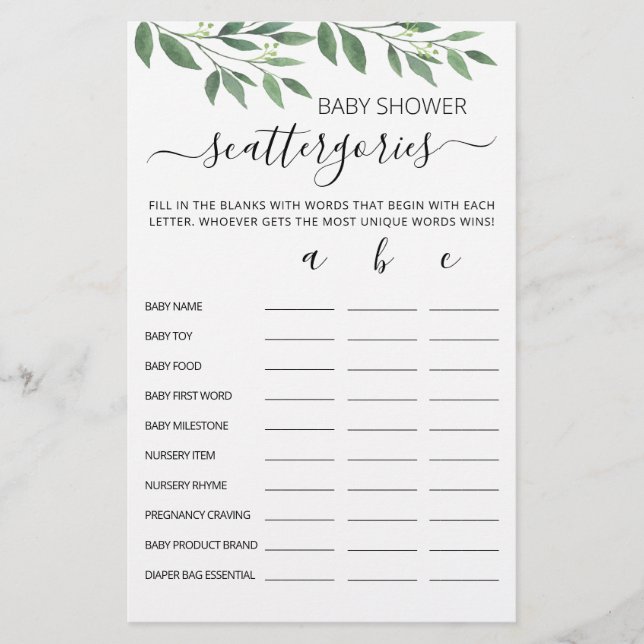 Baby Shower Scattergories party editable game (Front)