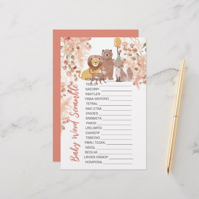 Baby Shower Scramble Boho Safari Pink Pampas Grass (Front/Back In Situ)