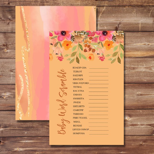 Baby Shower Scramble Game Pink Peach Flowers (Creator Uploaded)