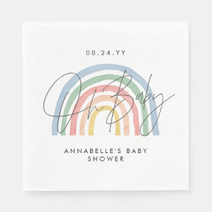 Baby shower script colourful watercolor rainbow napkin