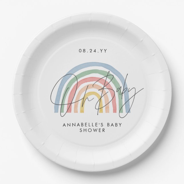 Baby shower script colourful watercolor rainbow paper plate (Front)