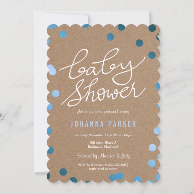 Baby Shower Script Kraft Paper Blue Confetti Invitation (Front)