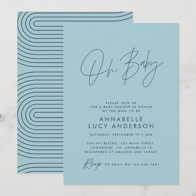 Baby shower script modern baby blue stylish invitation (Front/Back)