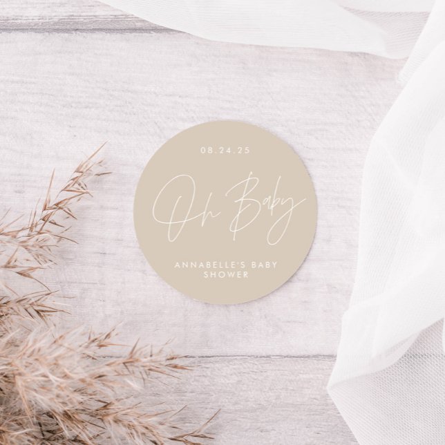 Baby shower script modern beige elegant classic round sticker (Creator Uploaded)