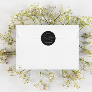 Baby shower script modern black and white elegant classic round sticker