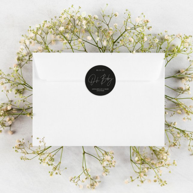 Baby shower script modern black and white elegant classic round sticker (Creator Uploaded)