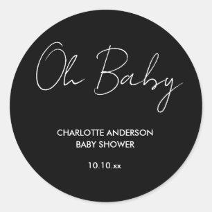 Baby shower script modern black and white elegant classic round sticker