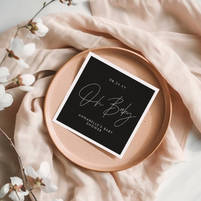 Baby shower script modern black and white elegant napkin (Creator Uploaded)