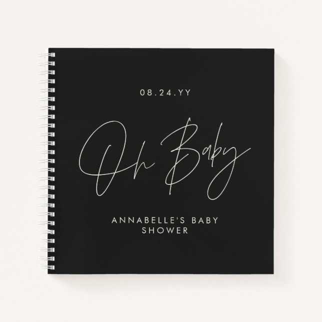 Baby shower script modern black and white guest notebook (Front)