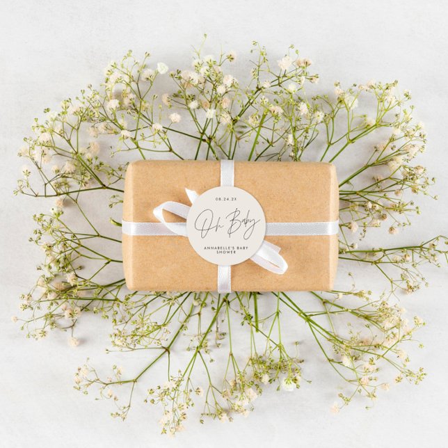 Baby shower script modern black white elegant classic round sticker (Creator Uploaded)