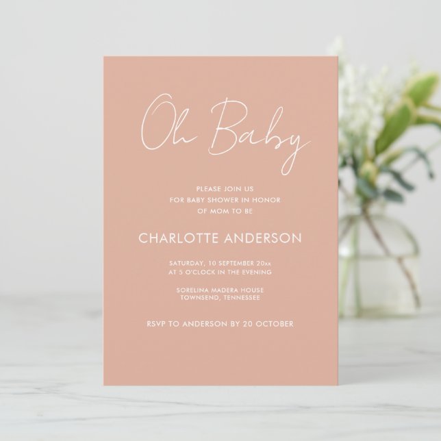 Baby shower script modern blush pink elegant invitation (Standing Front)
