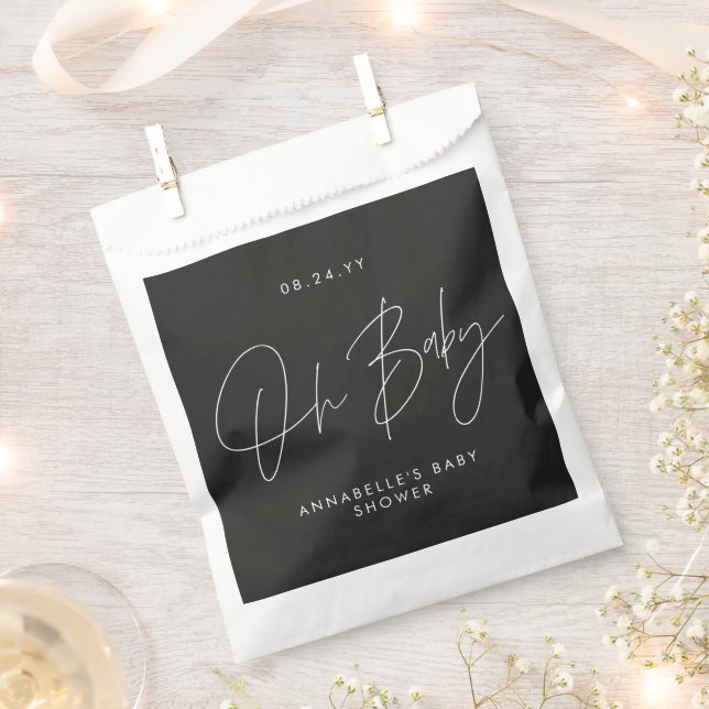 Baby shower script modern bold black guest favour bags (Clipped)