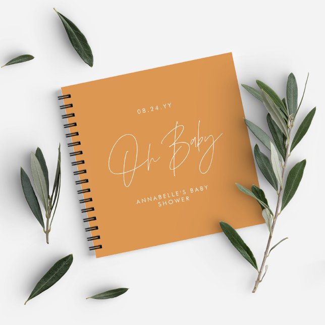 Baby shower script modern bold orange guest notebook (Creator Uploaded)